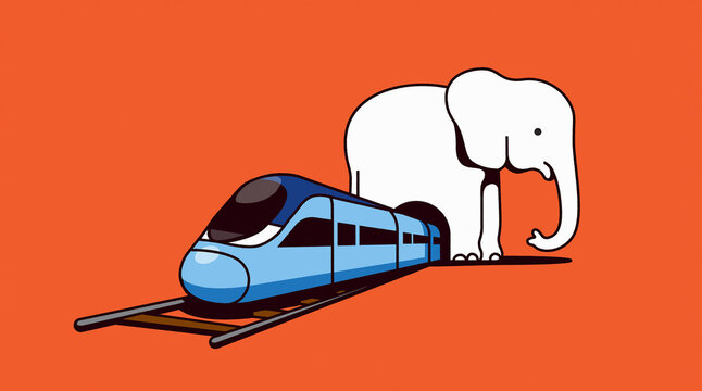 Train driving through white elephant tunnel