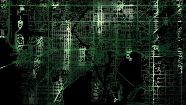 Zoom in road map of Tampa Florida with green glowing roads on a black background.