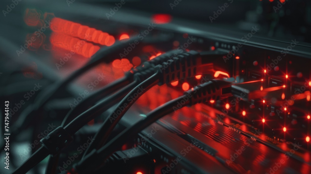 Poster Close up of wires connected to a computer. Suitable for technology concepts