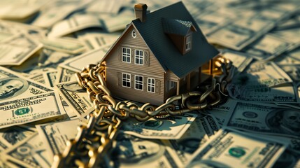 A conceptual image featuring a model house wrapped in chains over a bed of US dollar bills, symbolizing mortgage, debt, or financial security.
 - obrazy, fototapety, plakaty