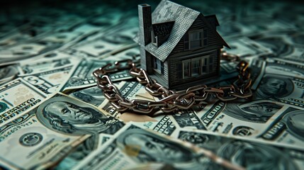 A conceptual image featuring a model house wrapped in chains over a bed of US dollar bills, symbolizing mortgage, debt, or financial security.
