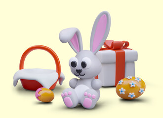 Easter card in children style. Cute 3D rabbit, basket, gift box, decorated eggs