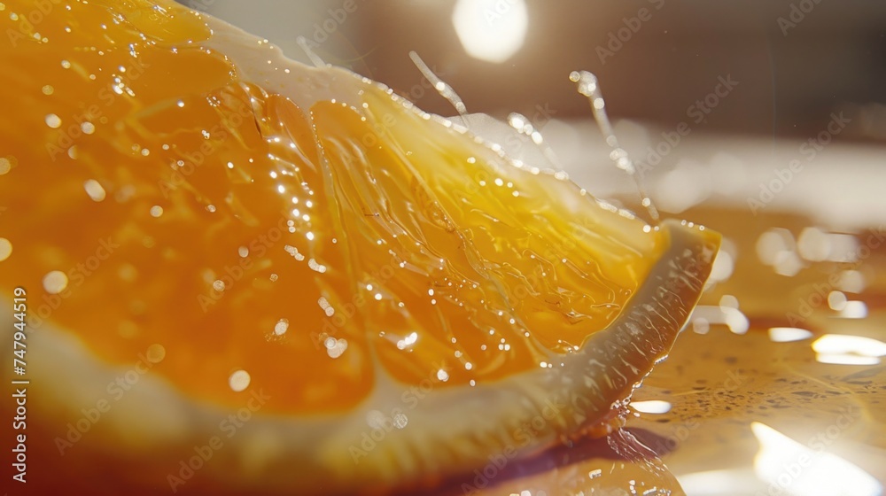 Poster close up of a slice of orange on a table, perfect for food and nutrition concepts