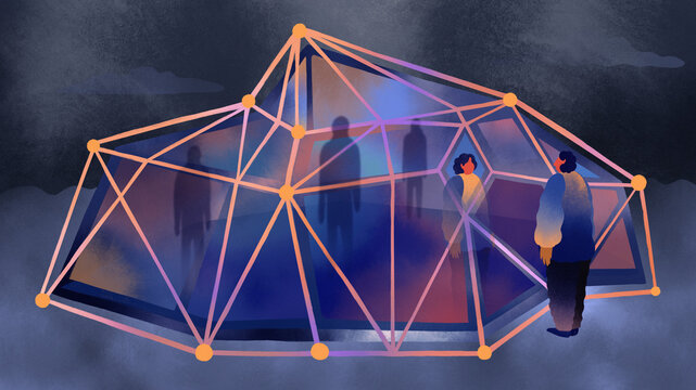 Woman seeing reflection in digital network