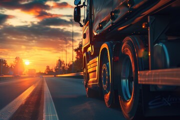 Semi truck driving down a highway at sunset. Suitable for transportation and travel concepts
