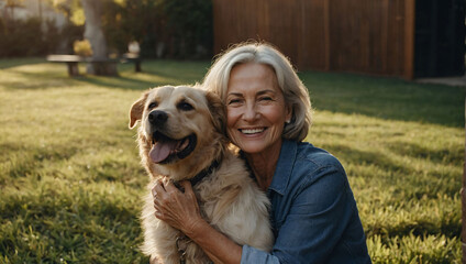 Affectionate mature woman embracing pet dog in nature generated by Ai - obrazy, fototapety, plakaty