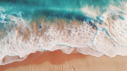 Aerial view of a beach with waves, perfect for travel websites