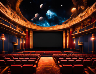 Movie theater in outer space. Edited AI generated image  - 747944994