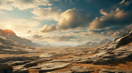 A desert landscape featuring rocks and grass under a cloudy sky. Suitable for nature and travel concepts