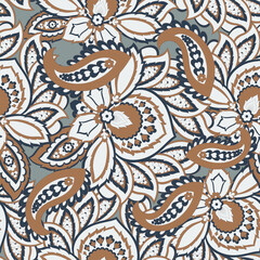 Paisley ethnic seamless vector pattern with floral elements. - 747945315