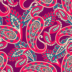 Seamless Paisley pattern in indian textile style. Floral vector illustration - 747945341