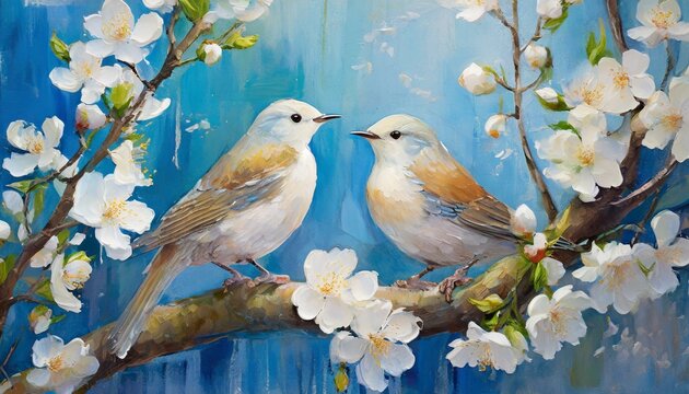 Tranquil Aviary: Vertical Oil Painting of Two Birds Amid White Blossoms Against a Serene Blue Background – Perfect for Printable Interior Wall Art"