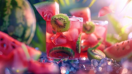 Glass filled with watermelon and kiwi slices. Perfect for summer hydration