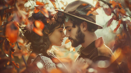 Portrait of couple in autumn on nature love