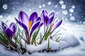 Poster spring crocus flowers in snow © Saqib