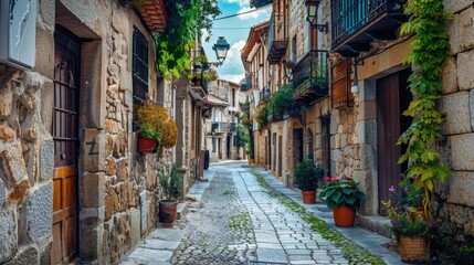 Fototapeta na wymiar A charming narrow street with plants in pots. Suitable for travel and architecture concepts