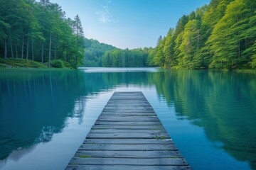 A wooden pier extends into a calm, reflective lake surrounded by lush green forests in a tranquil...