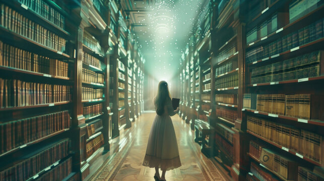 Imaginative scene of an ethereal library where Bibles encode secrets in parables