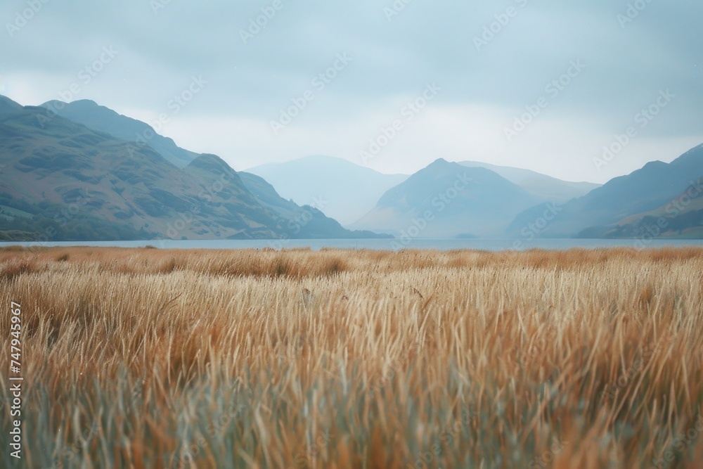 Poster scenic view of grass field with majestic mountains in the background. perfect for nature and landsca