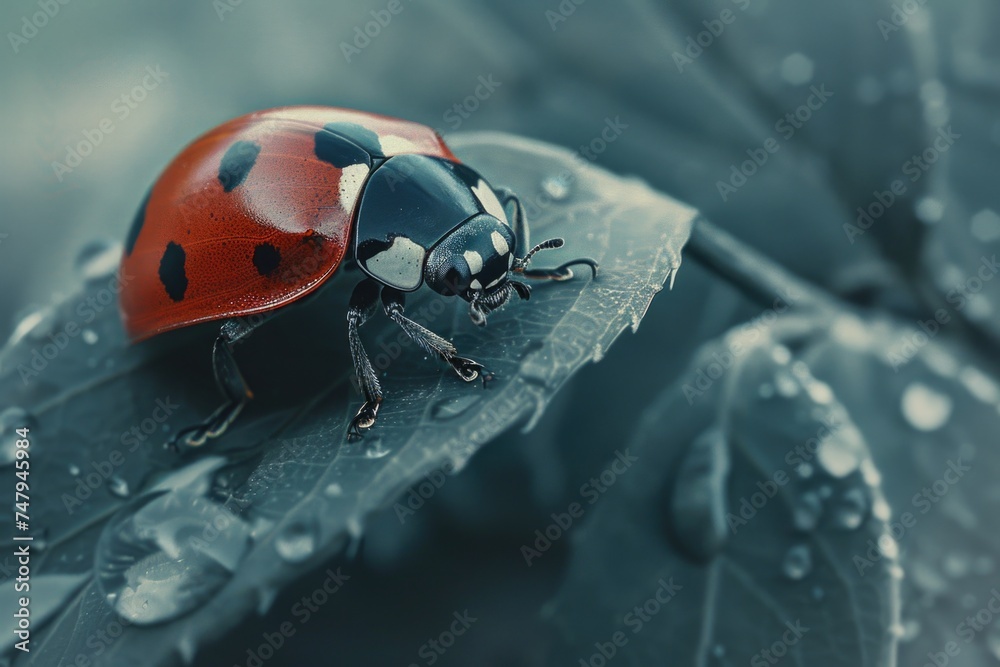 Poster ladybug sitting on a leaf covered in water droplets. suitable for nature and macro photography proje