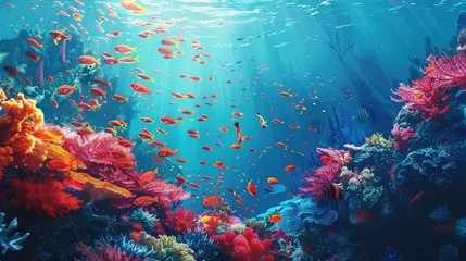 Poster Beautiful tropical coral reef with shoal or red coral fish, anthias. © buraratn