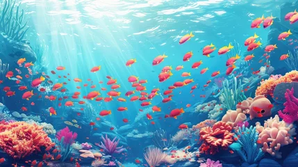 Fototapeten Beautiful tropical coral reef with shoal or red coral fish, anthias. © buraratn