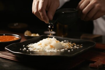 Person sprinkling rice on a plate, suitable for food and cooking concepts