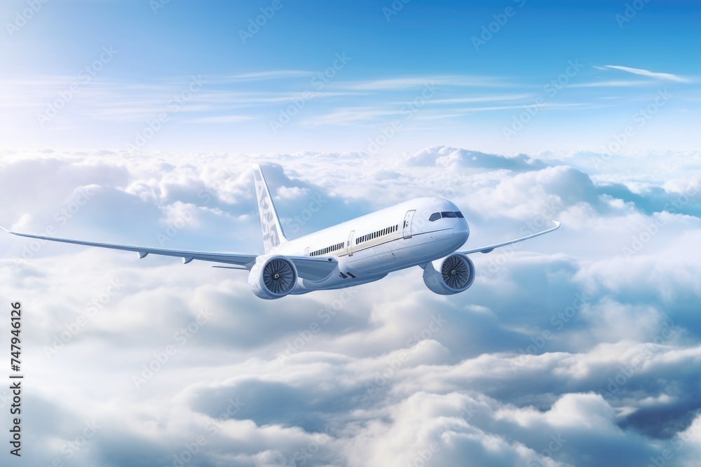 Poster a stunning image of an airplane soaring through the clouds. perfect for travel and transportation co