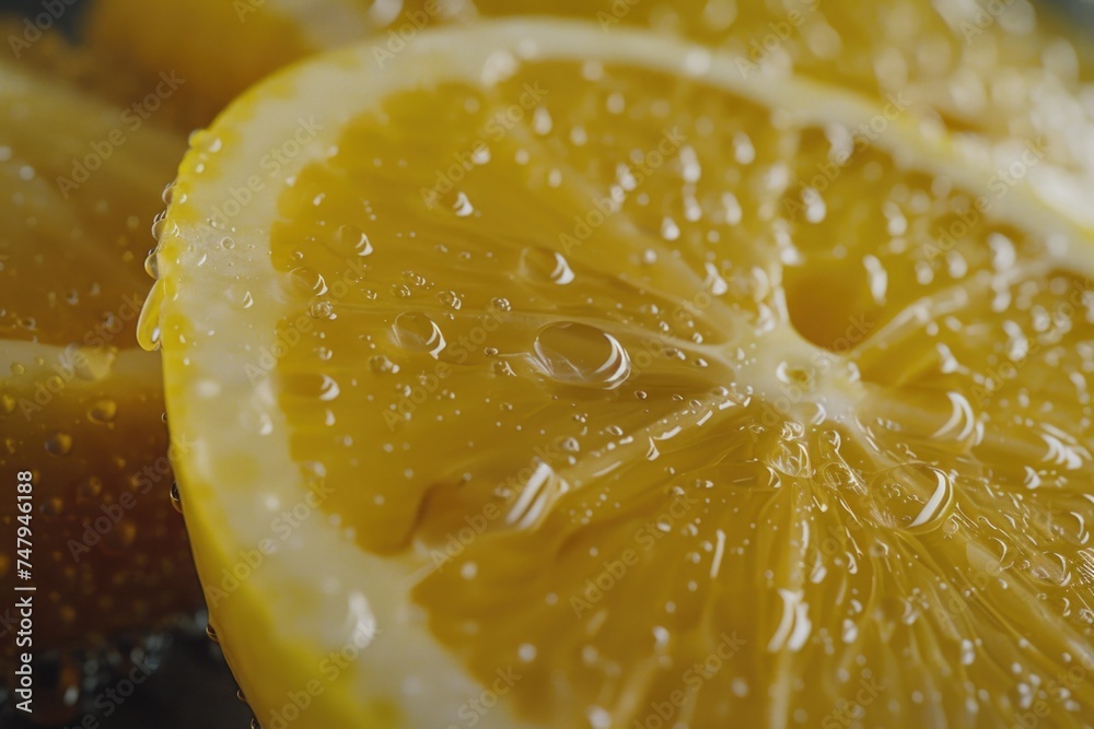 Poster a close-up of a fresh slice of lemon, perfect for food and beverage concepts