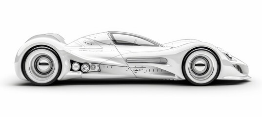 Futuristic electric car with holographic wireframe digital technology on white background