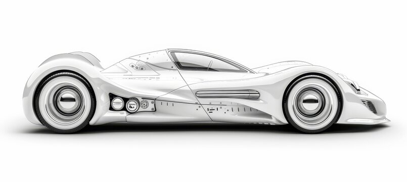 Futuristic electric car with holographic wireframe digital technology on white background