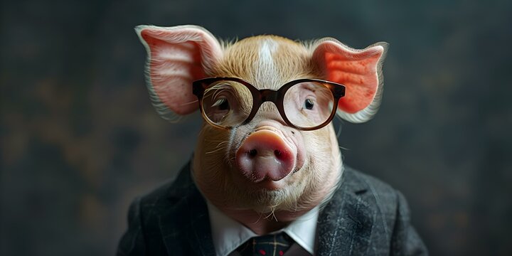 Pig in formal business attire personifying intelligence and professionalism. Concept Animal Photography, Business Attire, Professional Pig, Intelligence Personified, Formal Portraits