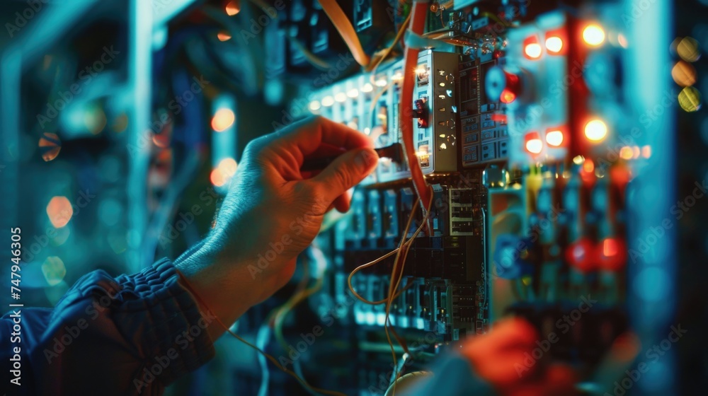 Poster A man is seen working on a circuit board. Suitable for technology and engineering concepts