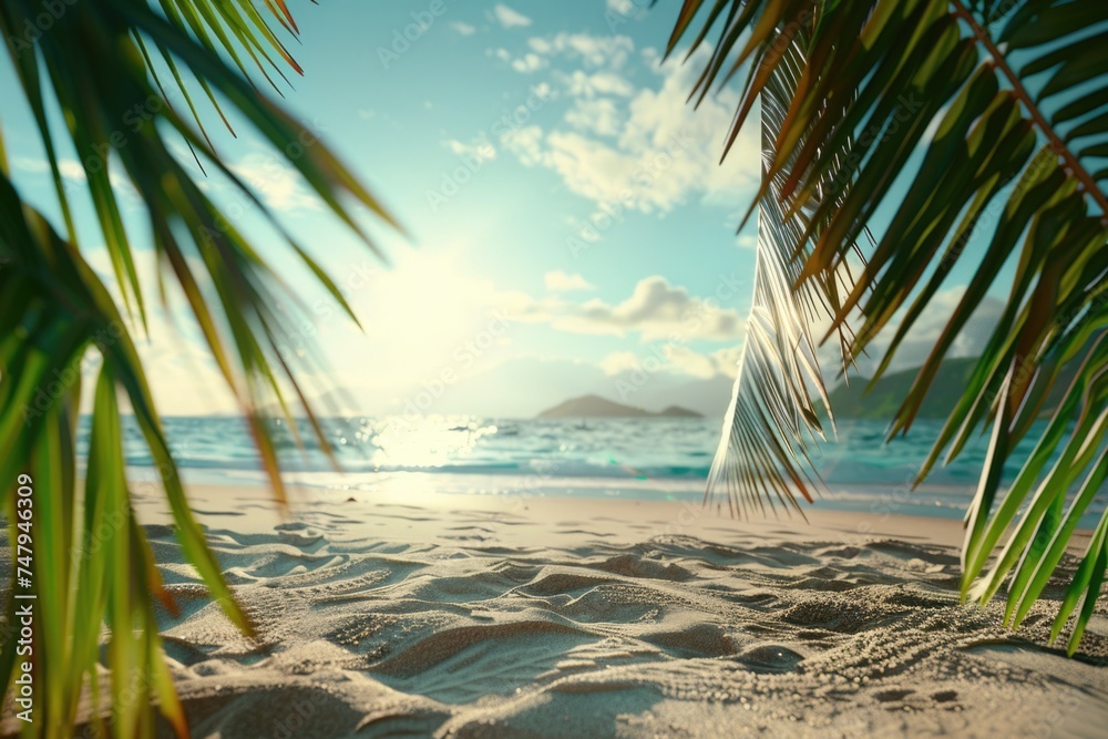 Poster a serene beach scene with a palm tree in the foreground. suitable for travel and vacation concepts