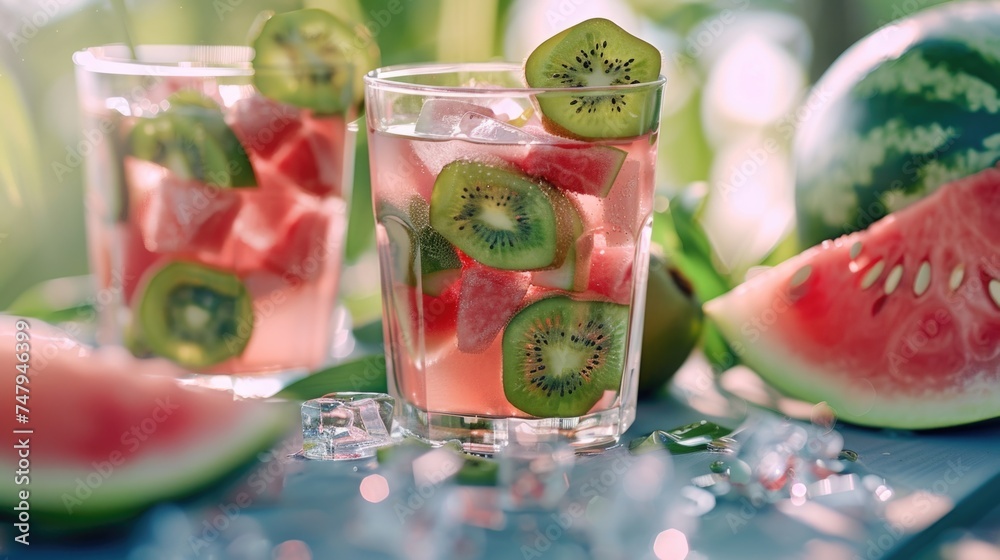 Poster refreshing glass filled with watermelon and kiwi slices, perfect for summer drink menus
