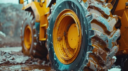A yellow tractor parked in muddy terrain. Suitable for agricultural and construction themes