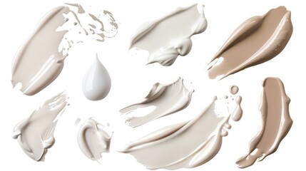 Collection of White Cosmetic Cream Isolated on White Background. Skin Tone CC Cream Tear Shape. Set of Lipstick Smear. Lip Gloss Smudge. Cosmetics BB Makeup Swatche. Drop of Liquid Foundation Stroke - obrazy, fototapety, plakaty