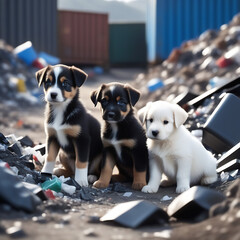 Little puppies against the backdrop of a garbage dump