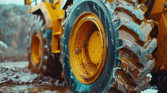 A yellow tractor parked in muddy terrain. Suitable for agricultural and construction themes