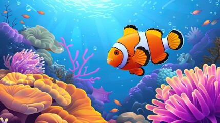 Fototapeta na wymiar Cute anemone fish playing on the coral reef, beautiful color clownfish on coral feefs, anemones on tropical coral reefs