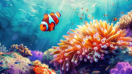 Fototapeta na wymiar Cute anemone fish playing on the coral reef, beautiful color clownfish on coral feefs, anemones on tropical coral reefs