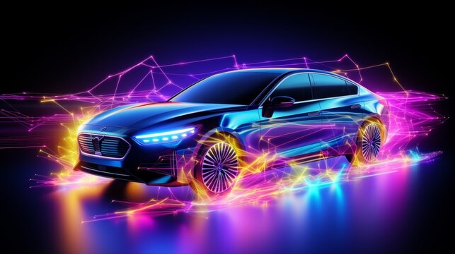 Futuristic electric black car with holographic wireframe digital technology background