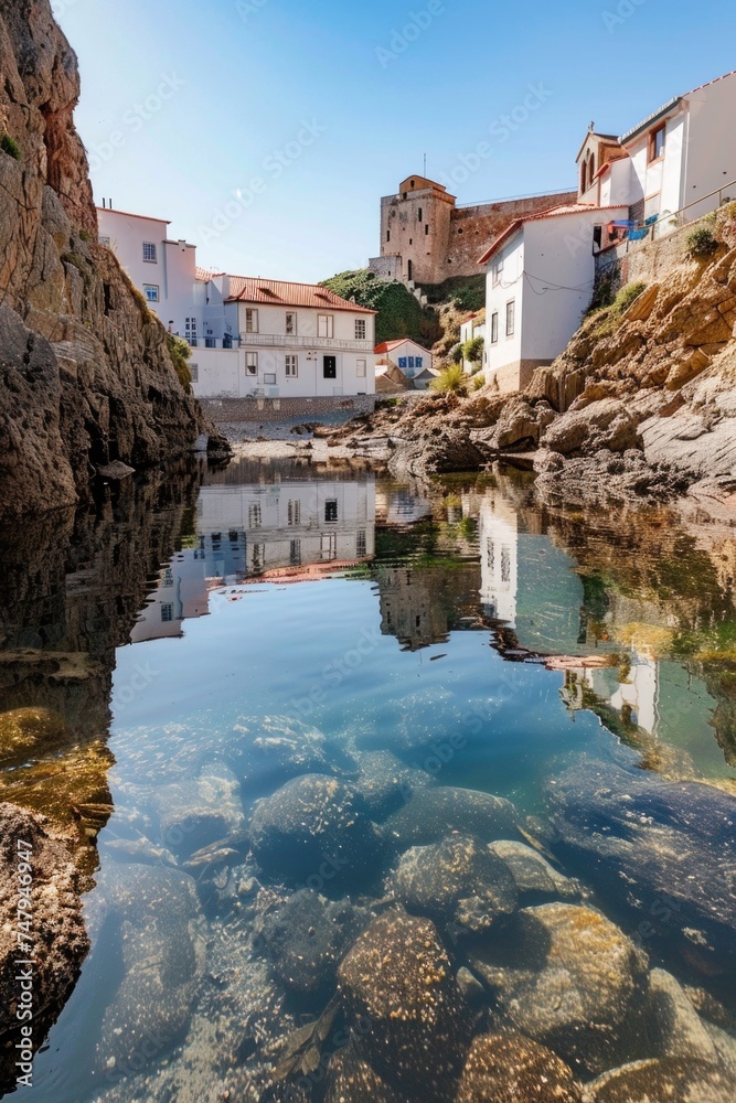 Poster a scenic view of a body of water with buildings in the background. ideal for travel and urban concep