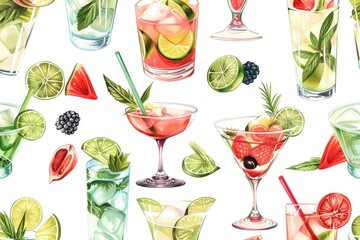 Colorful illustration of various cocktails, perfect for bar menus or party invitations