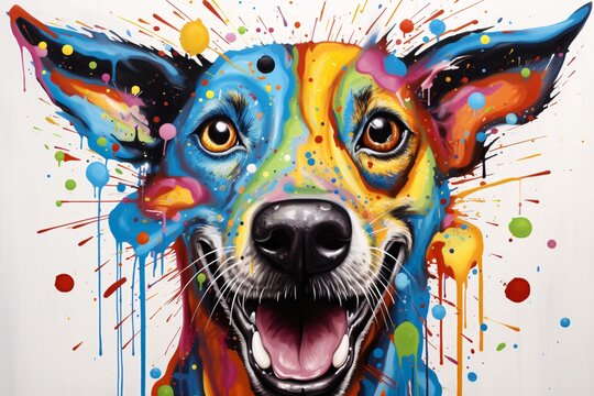 a painting of a dog with paint splatters