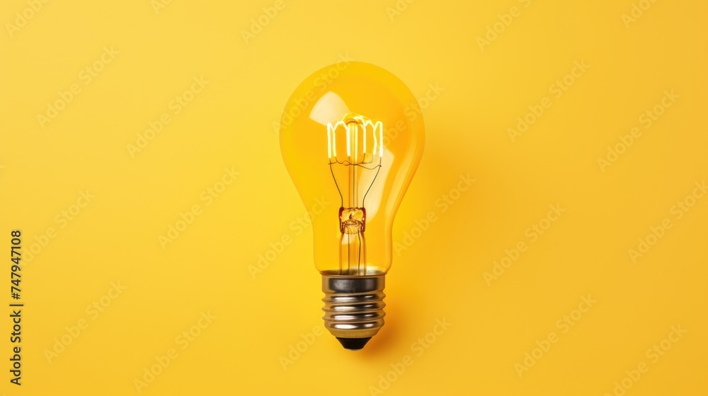 Poster a bright yellow light bulb on a matching yellow background. perfect for concepts related to creativi