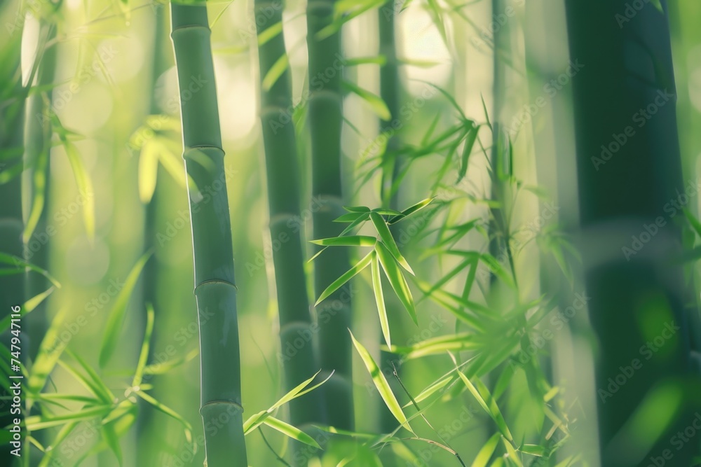 Poster close up view of a bamboo tree with lush green leaves, suitable for nature and environment themes