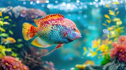 Flowerhorn Cichlid Colorful fish swimming in Aquarium deep blue freshwater fish tank. Flower horn...