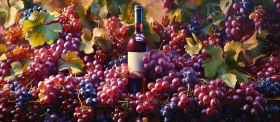 This painting depicts a bunch of grapes alongside a bottle of wine, showcasing a classic and...