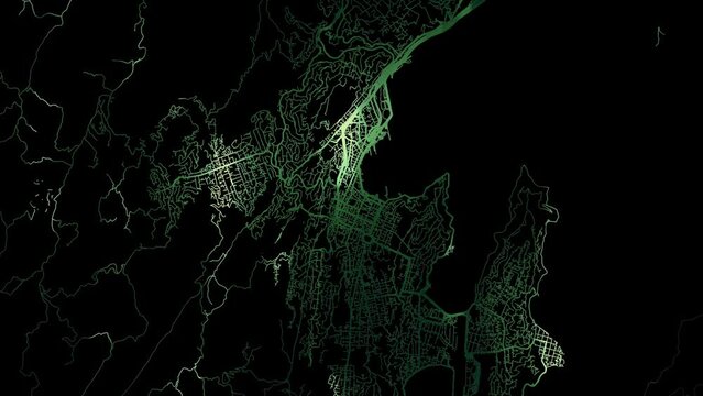 Zoom in road map of Wellington New Zealand with green glowing roads on a black background.